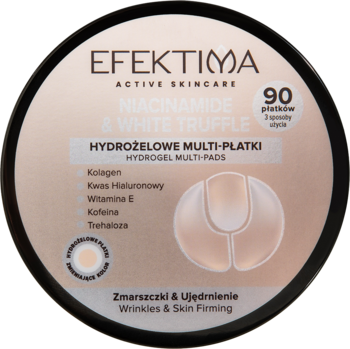 Okrągłe, beżowe opakowanie EFEKTIMA Hydrożelowe Multi-Płatki Niacinamide & White Truffle, 90 sztuk, na zmarszczki.