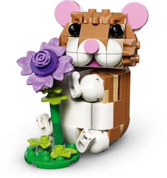 LEGO Creator Uroczy chomik 3 w 1, brązowo-biały, siedzący z fioletowym kwiatkiem, widok z przodu.