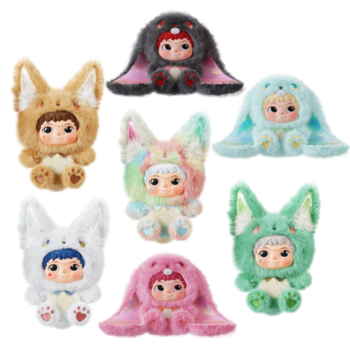 Kolekcja siedmiu pluszowych figurek w puszystych kostiumach królików, różne kolory, urocze zabawki kolekcjonerskie.