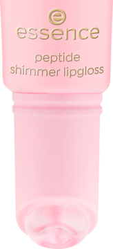Jasnoróżowy błyszczyk Essence peptide shimmer lipgloss w tubce, złote detale, widok z przodu.