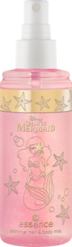 Różowy essence The Little Mermaid shimmer hair & body mist, butelka z Ariel, złotymi detalami, widok z przodu.