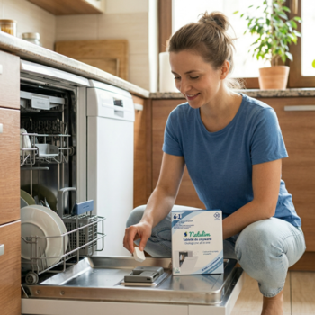 Kobieta wkłada ekologiczną tabletkę Natulim All in One 6w1 do zmywarki, skutecznie usuwającą tłuszcz i nabłyszczającą.
