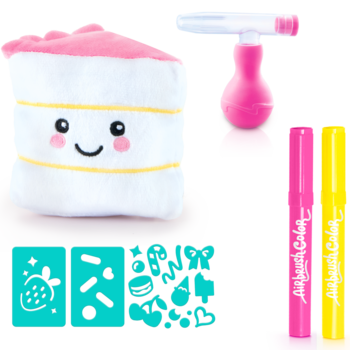 Kreatywny zestaw: pluszowe ciasteczko z buźką, różowy aplikator zapachu, zapachowe markery, szablon. Widok od przodu.