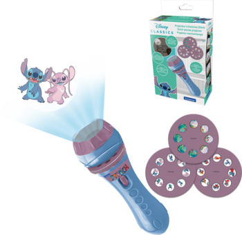 Latarka projektor Disney Classics, niebiesko-różowa, wyświetla Stitcha i Angel. Zestaw z 3 krążkami, w tle pudełko.