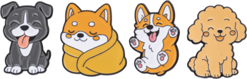 Cztery wesołe, kreskówkowe psy siedzące obok siebie: czarny, shiba inu, corgi i pudel.