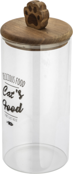 Przezroczysty szklany pojemnik na karmę dla kota, drewniana pokrywka z uchwytem łapy, napis "Cat's Food", widok z przodu.