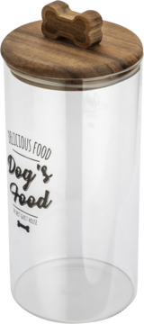 Przezroczysty szklany pojemnik na psią karmę z drewnianą pokrywką z kością, napisy 'Dog's Food' i 'Delicious Food'.