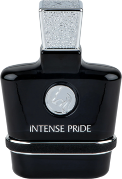 Flakon perfum Swiss Arabian Intense Pride, czarny z połyskiem, srebrny emblemat i błyszcząca nakrętka. Widok z przodu.