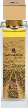 Swiss Arabian Enigma of Taif orientalny extrait de parfum, szklana butelka z etykietą gór i pól, złotym korkiem, front.