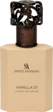 Perfumy Swiss Arabian Vanilla 01 Extrait de Parfum w beżowej butelce z ozdobnym, brązowym korkiem, widok z przodu.