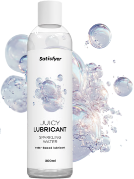Satisfyer Sparkling Water lubrykant 300ml w przezroczystej butelce z białą etykietą i bąbelkami wody w tle.
