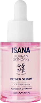 Isana Korean Skincare Power Serum, różowa butelka z pipetą, z Cica & Niacinamide, widok z przodu.