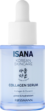 ISANA Collagen Serum Rossmann w błękitnej butelce z pipetą. Wygładza i nawilża. Widok z przodu.