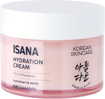 Isana Korean Skincare Hydration Cream z CICA, różowy słoiczek, biała zakrętka, widok pod kątem.