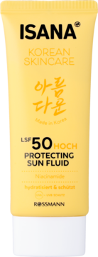 Żółta tubka kremu ISANA Korean Skincare Protecting Sun Fluid LSF 50 z niacynamidem, widok z przodu.