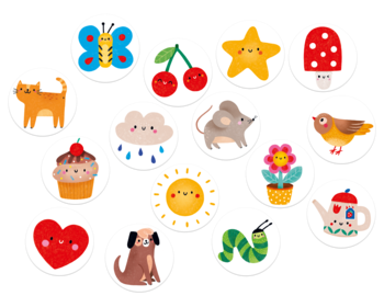 Kolorowe, okrągłe memorki dla dzieci, z wesołymi ilustracjami motyla, słońca, zwierząt i kwiatów.