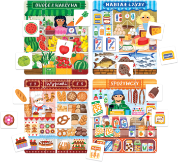 Kolorowy zestaw puzzli edukacyjnych 'Chodźmy na zakupy' z ilustracjami 4 sklepów i 16 obrazków do wyszukiwania.