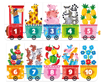 Puzzlowy pociąg, 10 barwnych wagonów z numerami i zwierzętami/przedmiotami do nauki liczenia do 10.