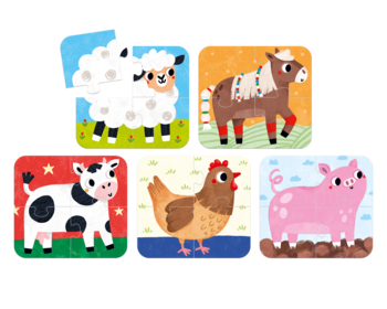 Zestaw 5 puzzli dla dzieci ze zwierzątkami z farmy: owcą, koniem, krową, kurą i świnią. Każde po 4 elementy, kolorowe.