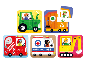 5 edukacyjnych puzzli dla dzieci z pojazdami funkcyjnymi: traktor, wóz strażacki, ambulans, koparka, śmieciarka.