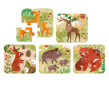 Zestaw 5 edukacyjnych puzzli dla dzieci. Kolorowe obrazki leśnych zwierząt: sarny, jeleń, zając, dziki, niedźwiedzie.