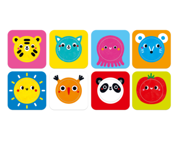 8 kolorowych, edukacyjnych puzzli dla malucha ze zwierzątkami i kółeczkami do dopasowywania.