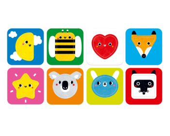 Kolorowy sorter puzzli dla maluchów: 8 kwadratowych tabliczek z wyjmowanymi kształtami zwierząt i obiektów.