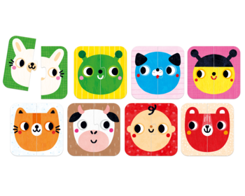 8 edukacyjnych puzzli-układanek z buźkami zwierząt i niemowlęcia. Kolorowe, dwuelementowe, frontalny widok.