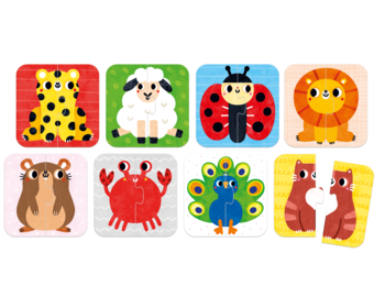 Edukacyjne dwuelementowe puzzle dla maluszków, 8 kwadratowych klocków ze zwierzątkami: lampart, owca, biedronka, lew, chomik, krab, paw, koty.