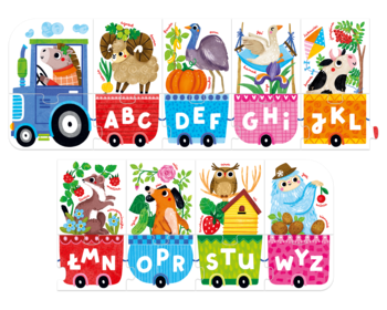 Puzzle edukacyjne: traktor z wagonami, alfabet, litery A-Z, zwierzęta i przedmioty. Dwie części układanki.