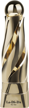 Złota woda perfumowana La-Di-Da for Her w luksusowym flakonie o skręconym kształcie, widok z przodu.