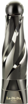 Woda perfumowana La-Di-Da for him, elegancka, ciemna metaliczna butelka o skręconym kształcie, z kulistą nakrętką.