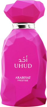 Fasetowana, fuksjowa butelka wody perfumowanej Arabiyat Prestige Uhud, słodko-orientalny zapach, widok z przodu.