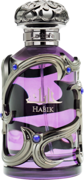 Męska woda perfumowana Lattafa Habik. Purpurowa butelka z ozdobną srebrną obudową i niebieskimi detalami, widok z przodu.