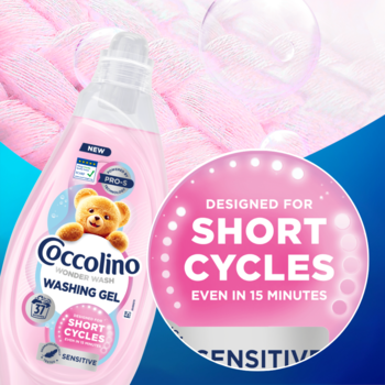Różowy żel Coccolino Wonder Wash Sensitive, butelka z misiem, podkreślone 'SHORT CYCLES' i '15 MINUTES'.