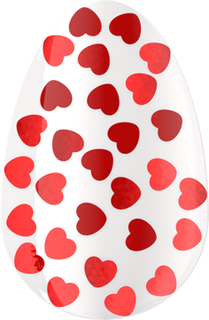 Białe, błyszczące jajko dekoracyjne z rozsianymi czerwonymi serduszkami, widok z przodu, idealne na Walentynki.