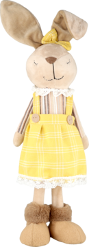 Beżowy pluszowy królik-lalka stojąca, w żółtej sukience w kratkę, paskowanej bluzce i brązowych bucikach.