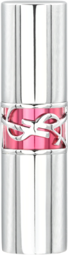 Błyszcząca pomadka YSL Rouge Volupté Shine w srebrnym, metalicznym etui z różowym środkiem i ażurowym logo YSL.