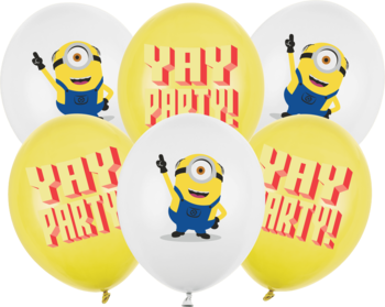 Zestaw 6 balonów Strong Minionki: 3 białe z postacią Minionka, 3 żółte z napisem YAY PARTY!, widok z przodu.