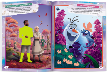 Otwarta książka do ubierania Frozen. Lewa strona: Anna, Kristoff (neonowy zarys) i Elsa jesienią; prawa: Olaf w kwiatach.