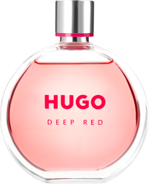 Owalny flakon perfum Hugo Deep Red dla kobiet, z jaskraworóżowym płynem i srebrnym korkiem, widok z przodu.