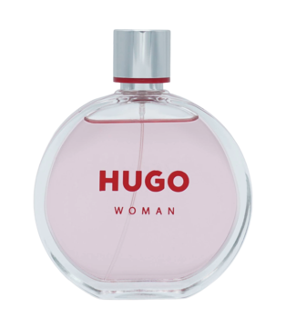Hugo Boss Hugo Woman, woda perfumowana, okrągła butelka z różowym płynem, srebrnym korkiem, czerwonym napisem 'HUGO'.