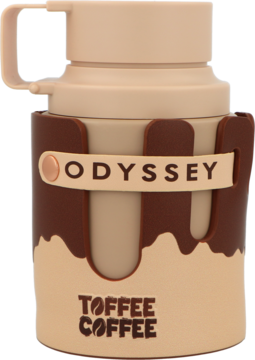 Armaf Odyssey Toffee Coffee woda perfumowana. Beżowa butelka, brązowy uchwyt z napisem ODYSSEY i kapiącym toffee.
