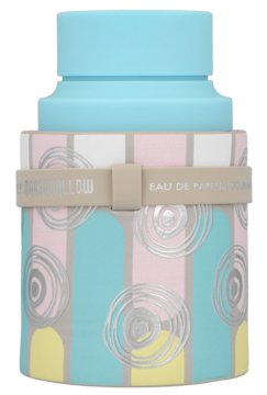 Armaf Odyssey Marshmallow EDP 100ml, pastelowa butelka w paski, z błękitną nakrętką i srebrnymi spiralami.