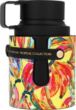 Armaf Odyssey Marshmallow EDP 100ml, butelka w żółtym etui z bananami, czarny uchwyt, widok z przodu.