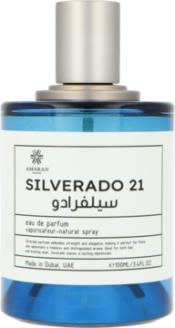 Amaran Silverado 21 Eau de Parfum w eleganckiej, niebieskiej butelce z białą etykietą, widok z przodu.