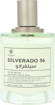 Amaran Silverado 56 Eau de Parfum, 100 ml. Prostokątna butelka z jasnozielonego szkła, z srebrnym atomizerem, widok z przodu.
