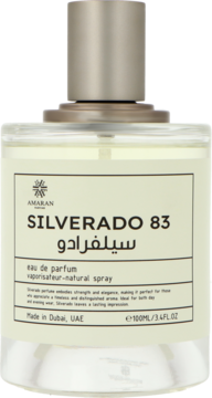 Amaran Silverado 83 EDP 100ml, przezroczysta butelka z białą etykietą i srebrnym korkiem, widok z przodu.