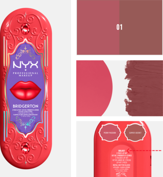 NYX Bridgerton Royal Treasures 2-Piece Lip Kit, koralowe opakowanie z ustami i wzorami, obok swatche dwóch pomadek.