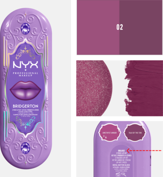 NYX Bridgerton Royal Treasures Lip Kit: fioletowe, ozdobne opakowanie z próbkami błyszczyka i konturówki.